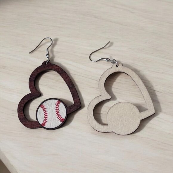 Heart Baseball Wood Earring - Picture 5 of 5